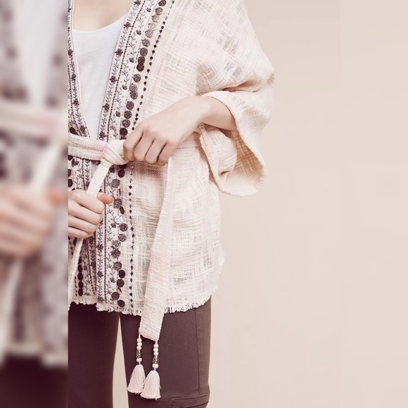 Anthropologie Beautiful Stories Livia Textured tweed Kimono One Size Pink boho - Picture 3 of 12